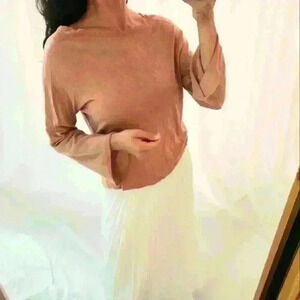 EILEEN FISHER lyocell mock brown tan beige Pullover Sweater long bell sleeve